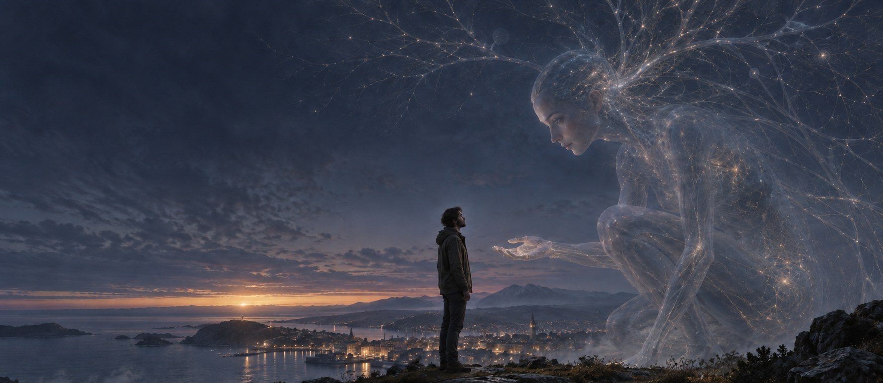 A person on a hillside at dusk looks up at a giant translucent figure made of light, reaching a hand toward them over a city